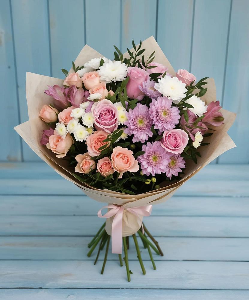 Букет цветов из: Хризантемы, Розы и Альстромерии в Борисоглебском