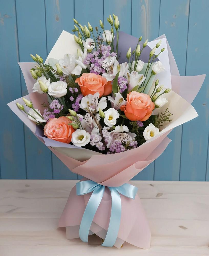 Букет цветов из: Лизиантусы, Розы, Альстромерии и Гипсофила в Борисоглебском