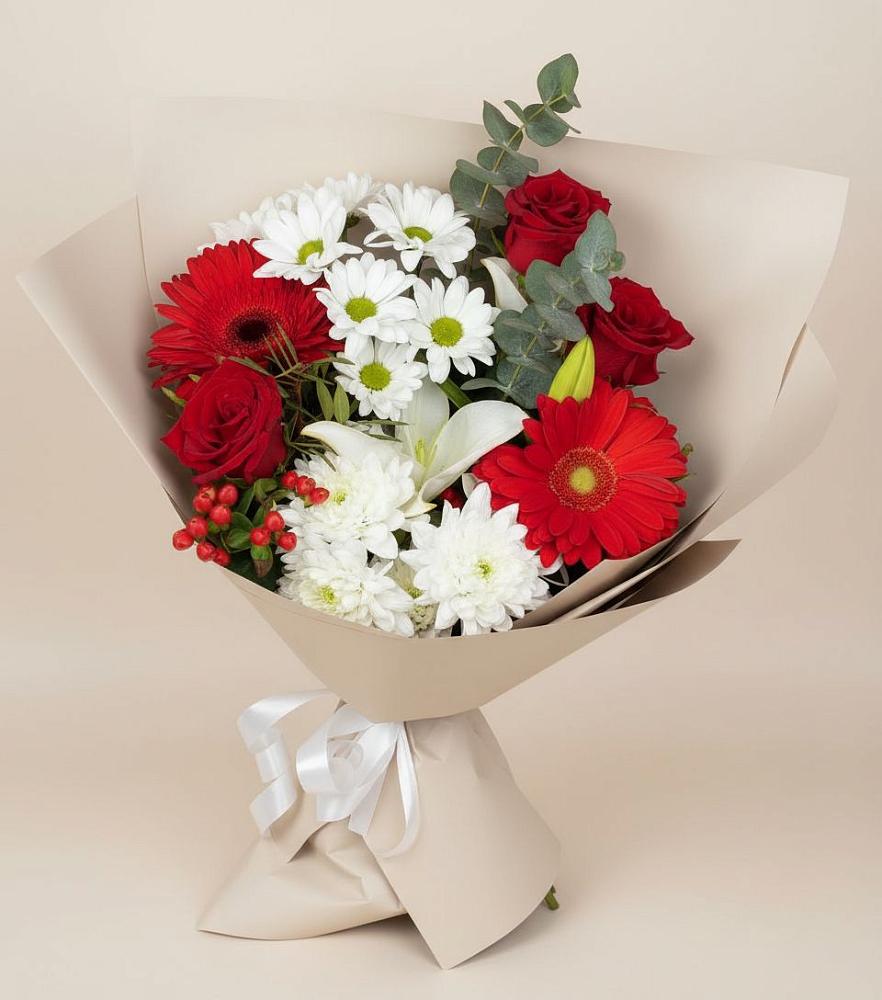 Букет цветов из: Розы, Хризантемы, Герберы и Лилии в Борисоглебском