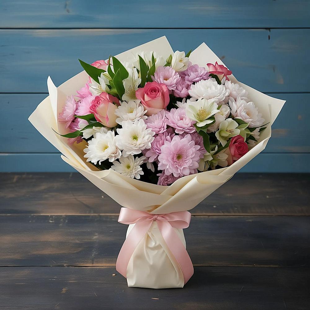 Букет цветов из: Хризантемы, Альстромерии и Розы в Борисоглебском